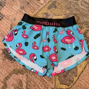 ChicknLegs Women's Athletic Shorts - Blue with Pink Flamingos